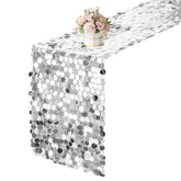 Yblut silver sequin table runner on table adds glamorous wedding decor