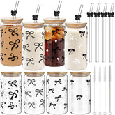 Yetene coquette bows glass cups 16oz with lids and straws for stylish beverages
