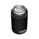 YETI Black Rambler Colster front view, durable stainless steel keeps drinks secure outdoors.