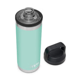 YETI Rambler 18 oz bottle in seafoam with chug-cap closeup for quick on-the-go sipping.