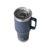 YETI Rambler 30 oz navy side view; durable stainless steel for rugged outdoor use.