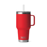 YETI Rambler 35 oz with handle and straw lid in rescue red, side view.
