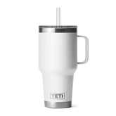 YETI Rambler 35oz tumbler with handle keeps drinks cold on the go.