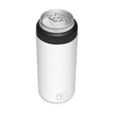 YETI Rambler Colster Slim White around 12 oz cans keeps drinks cold at the beach.