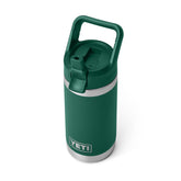 YETI Rambler Jr. 12oz bottle with straw cap in Black Forest Green, ideal for active kids.