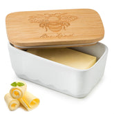 YHOJOY covered butter dish with wood lid shows lid detail on the counter.