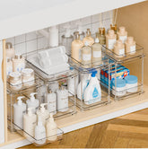 Yieach under-sink organizer with track drawer for stable full-extension access.