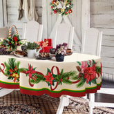 Yighty oval Christmas tablecloth with poinsettia, holly, and pine cone pattern for elegant holiday dining
