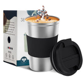 YINBAOGE insulated travel mug in silver and black showing on-the-go use and temperature control