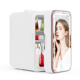 YLFU 6L mini fridge in a bedroom for skincare and drinks.