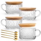 YORY vintage glass mug with bamboo lid and spoon, ideal for hot coffee mornings