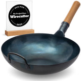 YOSUKATA 13.5” blue carbon steel wok with flat bottom for even heat in stir-fry