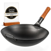 YOSUKATA 14in carbon steel wok with round bottom ideal for authentic stir-fry preparations.
