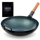 YOSUKATA 14-inch round-bottom wok in blue, pre-seasoned for high-heat cooking.