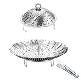 Yubng vegetable steamer basket extended to fit large pots for flexible cooking.