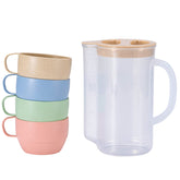 Yunqing wheat straw kettle with blue cups, vibrant and durable for everyday use.