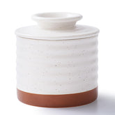 Y YHY butter crock on counter with water seal preserves soft butter for easy spreading