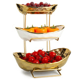 YYW 3-tier fruit bowl on display with white gold ceramic finish for elegant counter storage