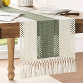 ZeeMart macrame style table runner in green and ivory, full-length view for elegant dining