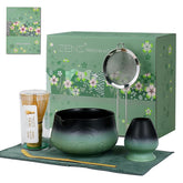 ZENS matcha kit with sage-green glaze bowl and bamboo whisk for silky foam