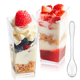 Zezzxu 50-pack mini dessert cups with spoons for easy, elegant party servings.