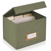 ZICOTO Beautiful Linen Recipe Box, closed, protects recipes in sage fabric.