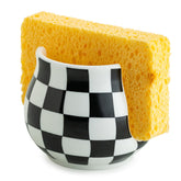 Zoeeker checkered ceramic sponge holder for the kitchen keeps sponges dry and tidy.