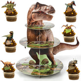 ZOIIWA dinosaur cupcake stand 3-tier centerpiece, sturdy and reusable for kids parties