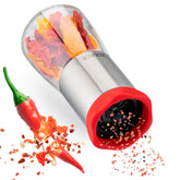 ZOLMER chili pepper grinder in brushed steel with glass jar showcases fresh chili display.