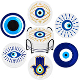 Zubebe evil eye ceramic coasters in blue and gold, six designs, absorbent and stylish