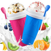 ZUGM Magic Squeeze Slushy Cups blue-pink set on kitchen counter for quick frozen drinks