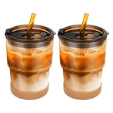 Zukro amber 13oz glass coffee cup with lid for spill-free travel.