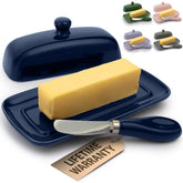 Zulay Butter Dish lid in navy keeps butter fresh and ready to spread