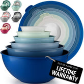 Zulay Kitchen 12-piece plastic mixing bowls in blue ombre for meal prep.