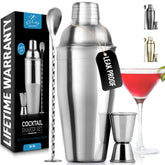 Zulay Kitchen 24oz cocktail shaker with built-in strainer for smooth, mess-free pours.
