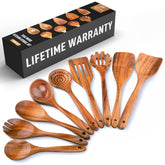 Zulay Kitchen 9 piece teak utensils laid out for easy meal prep