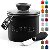 Zulay Kitchen porcelain butter crock in black bell shape with lid keeps butter fresh and ready.