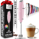 Zulay Kitchen powerful double whisk milk frother on stand delivering rich foam