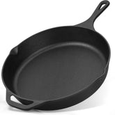 Zulay Kitchen pre-seasoned cast iron skillet top view for versatile indoor and outdoor cooking.