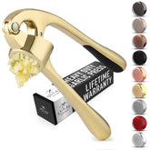 Zulay Kitchen premium garlic press with gold handle for effortless mincing.
