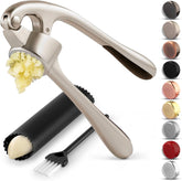 Zulay Kitchen garlic press in action, quickly minces cloves into smooth paste.