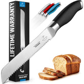 Zulay Kitchen serrated bread knife with an 8-inch blade for crusty bread slicing.