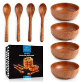 Zulay Kitchen teak dipping bowls with spoons show natural grain for sauces and appetizers.