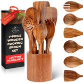 Zulay Kitchen teak spoons stored in a crock for easy access.