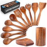 Zulay Kitchen 12-piece teak utensils set on display for durable cooking.