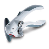 Zyliss Lock N' Lift can opener with locking mechanism reduces hand strain during use.