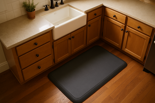Cushioned anti-fatigue mat in front of a kitchen sink with a person's socked feet standing on it