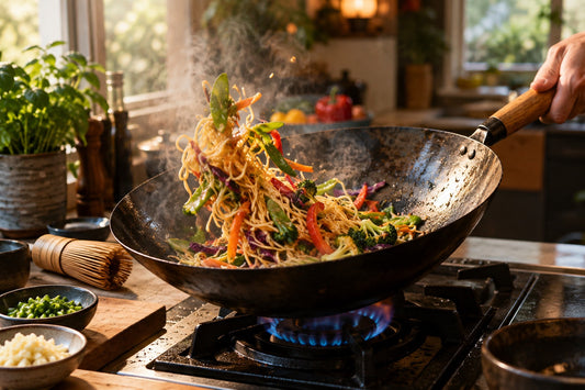 Seasoned flat-bottom carbon steel wok with stir-fried vegetables on a stovetop