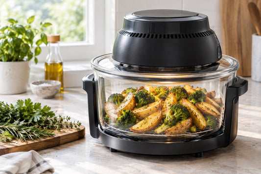 Glass-bowl air fryer with roasted potato wedges and broccoli visible inside