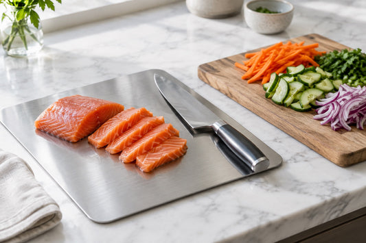 Titanium cutting board with raw salmon beside a wooden board with chopped vegetables